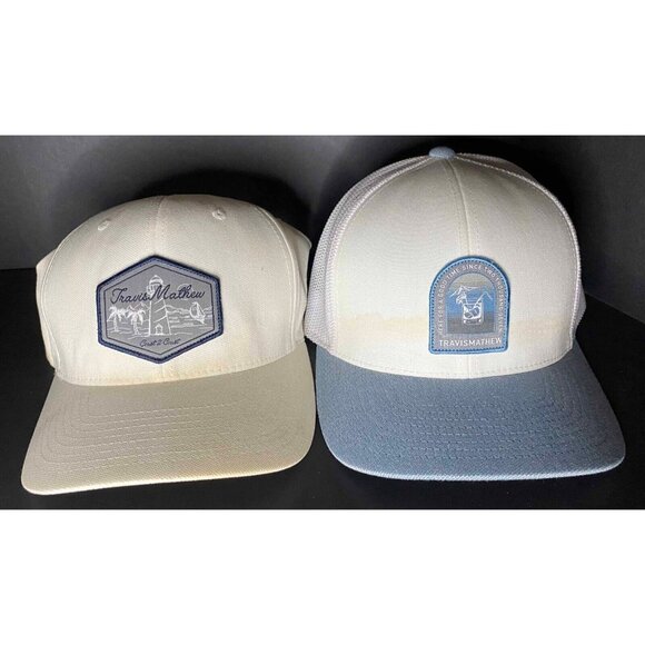 Lot of 2 Travis Mathew Hats: 1 Snapback + 1 Fitted L/XL White Cap READ DESC - Picture 1 of 16